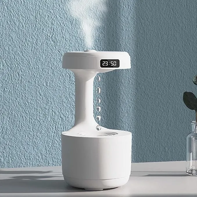 Anti-Gravity Humidifier With Clock Water Drop Backflow Aroma Diffuser, Anti Gravity Air Humidifier Aromatherapy Levitating Water Droplet,Ultrasonic Humidifiers Bedroom (White)
